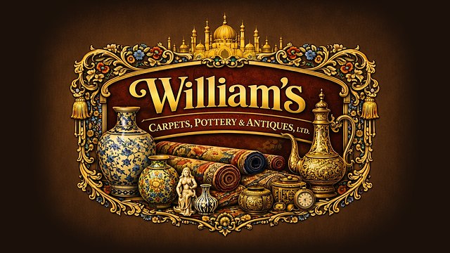 William's Carpets, Pottery & Antiques, Ltd. logo: an ornate gold badge with a burgundy plaque, framed by rolled Persian rugs, blue and white porcelain, and brass