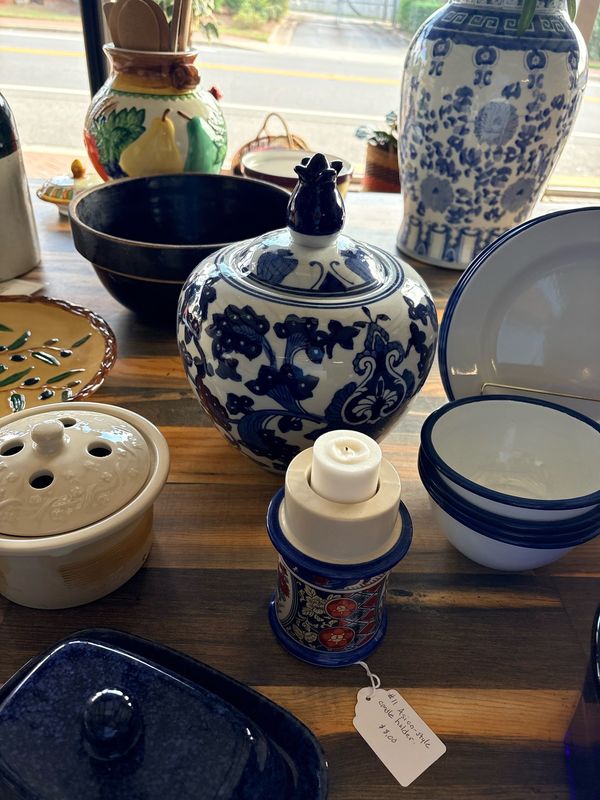 A table of blue and white porcelain