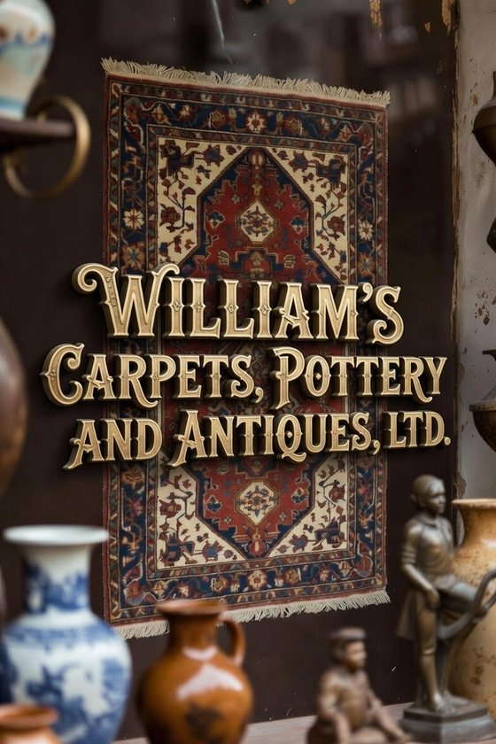 Gold lettering reading William's Carpets, Pottery and Antiques, Ltd. over a Persian rug hung on a wall, with pottery and figurines in the foreground